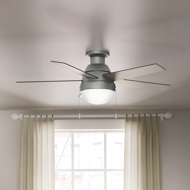 46" Anslee 5 - Blade LED Flush Mount Ceiling Fan with Pull Chain and Light Kit Included, Matte Silver