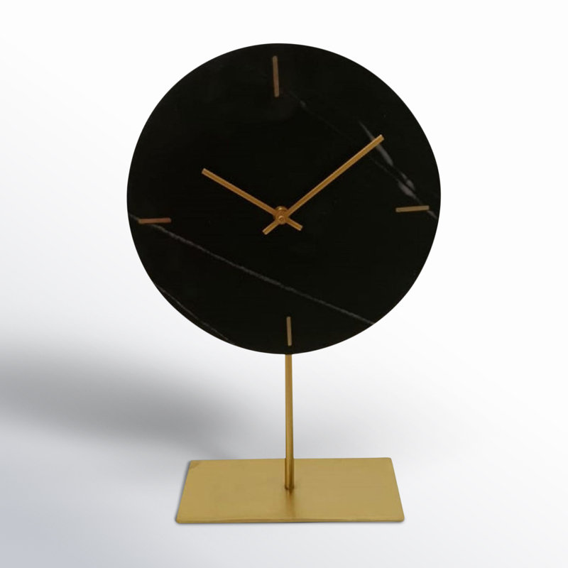 Black Marble Mechanical Table Clock with Gold Stand