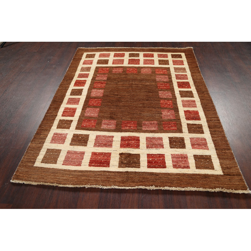 Tapis brun en laine noué à la main de conception unique 4 pi 9 po x 6 pi 2 po New Age