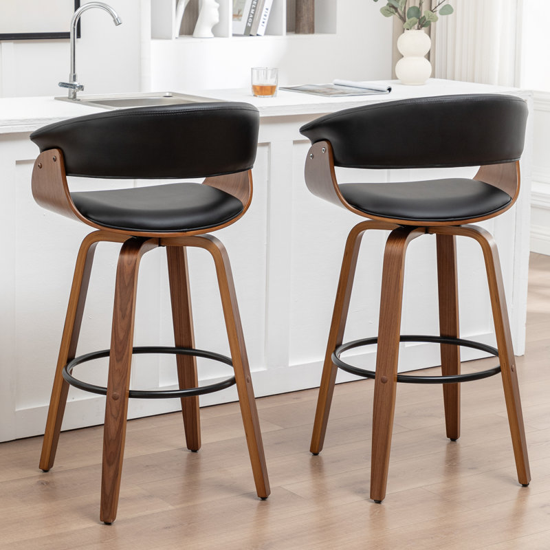 Tabourets pivotants Mid-Century rembourrés en similicuir Devlin, Noir, Tabouret de bar (siège d'une hauteur de 29,5 po)