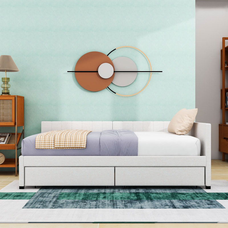 2 Drawers Full Upholstered Daybed, Semi-Closed Design, Beige