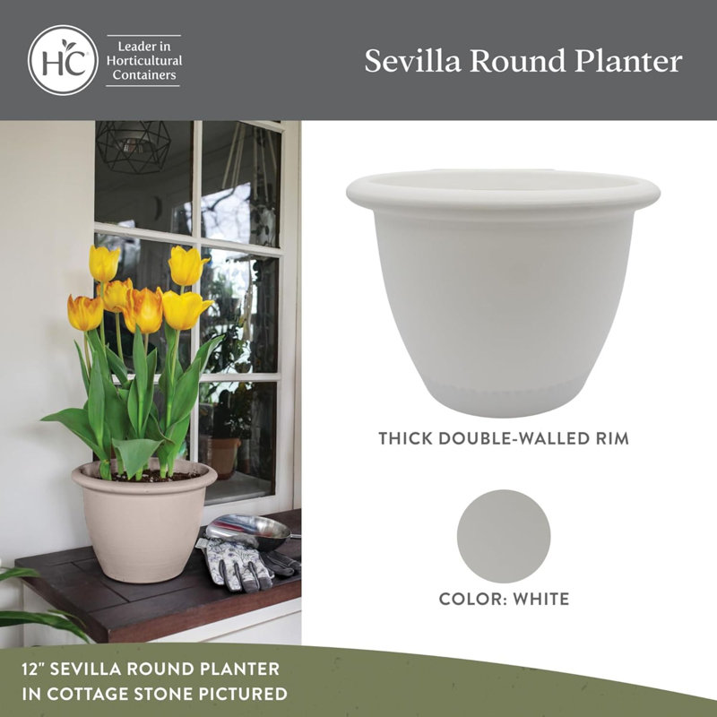 The HC Companies Sevilla Self-Watering Pot with Internal Disk, 14 Inch, White, White, 10.06" H x 14" W x 14" D