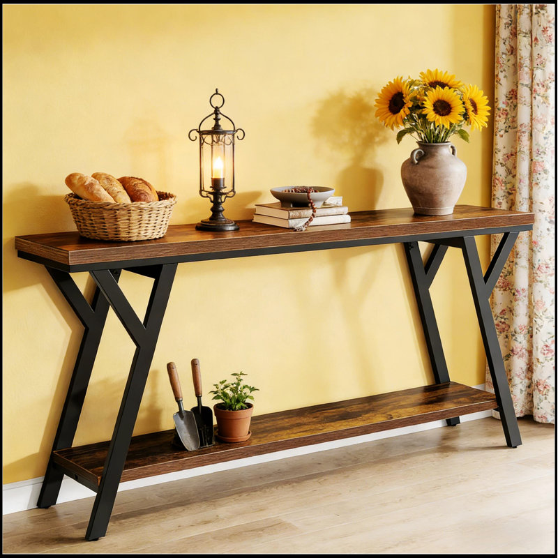 Spacieuse console à 2 niveaux avec beaucoup de rangement, parfaite pour présenter des objets décoratifs et organiser vos essentiels dans n'importe quel espace de vie.