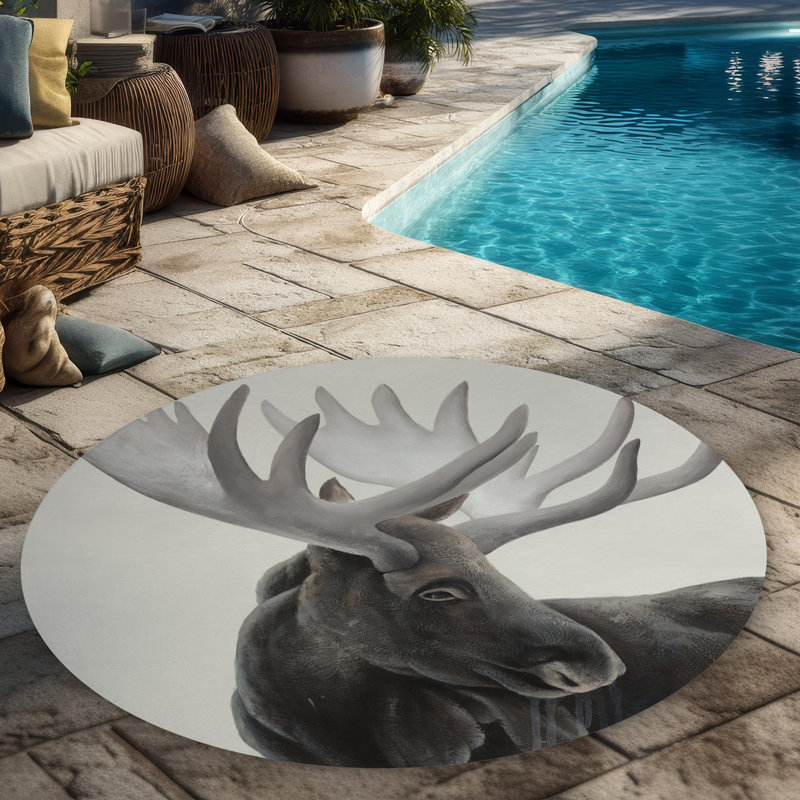 Grayscale Moose Profile - Beige Round Outdoor Area Rug