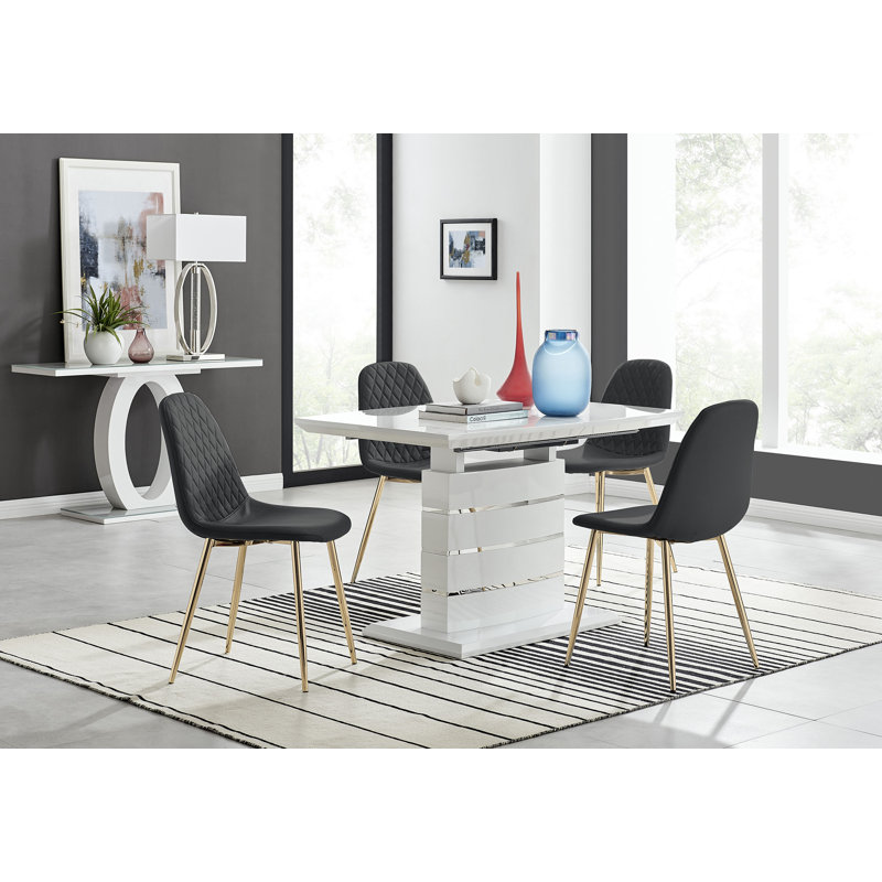 Everson High Gloss 6 Seat Extendable Dining Set with Luxury Faux Leather Upholstered Dining Chairs, White/Silver