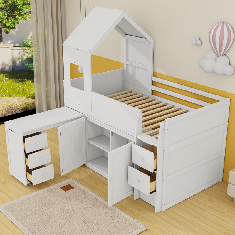 Lit mezzanine simple en bois avec bureau et rangement intégré, Blanc