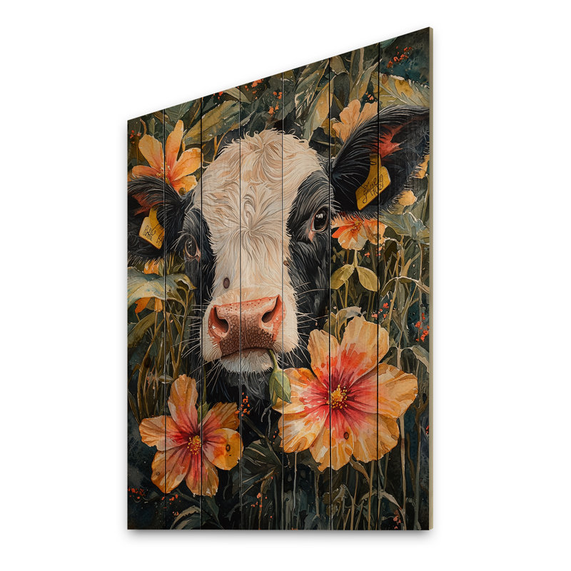 Peinture de vache avec hibiscus - reproduction de bois de vache sur bois de pin naturel, H 40 po x l 30 po x P 0,78 po