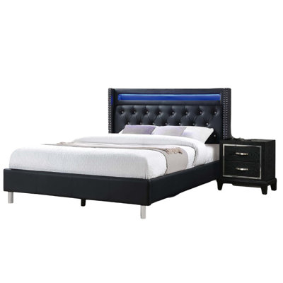 Queen Size Modern Bed With Black Faux Leather, Button Design, Built - In Led Lighting, Charging Port And Wooden Legs Bedroom Headboard, Lights, Foam Core