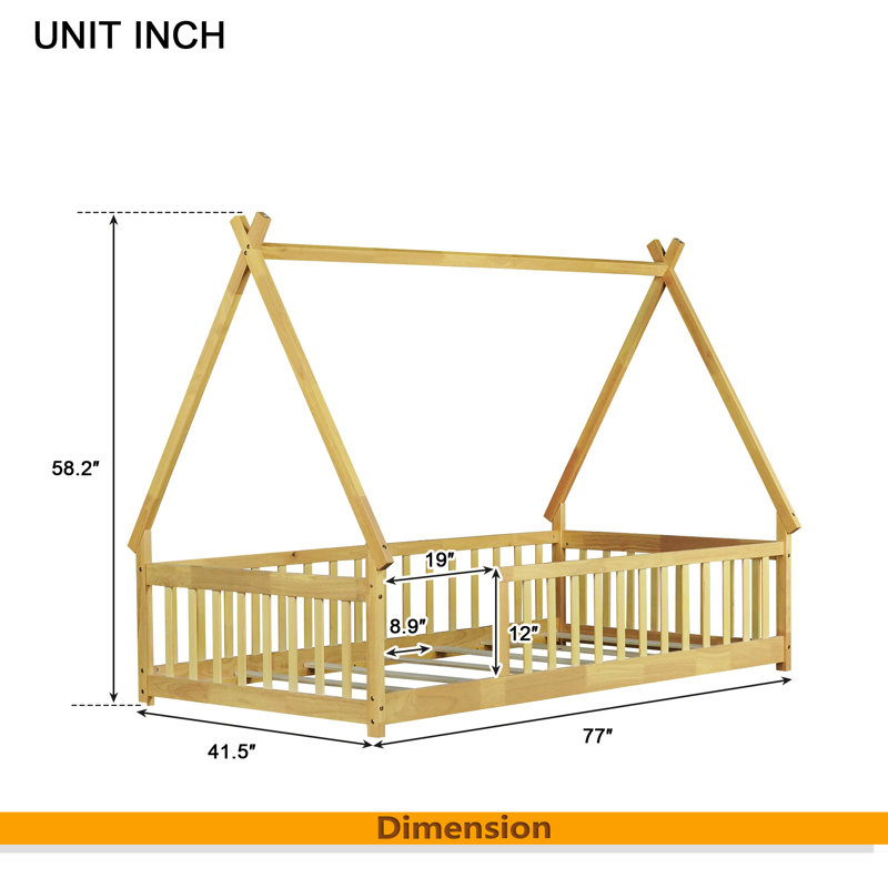 Tent-Shaped Floor Bed,Teepee Bed With Guardrails,Slats, Natural