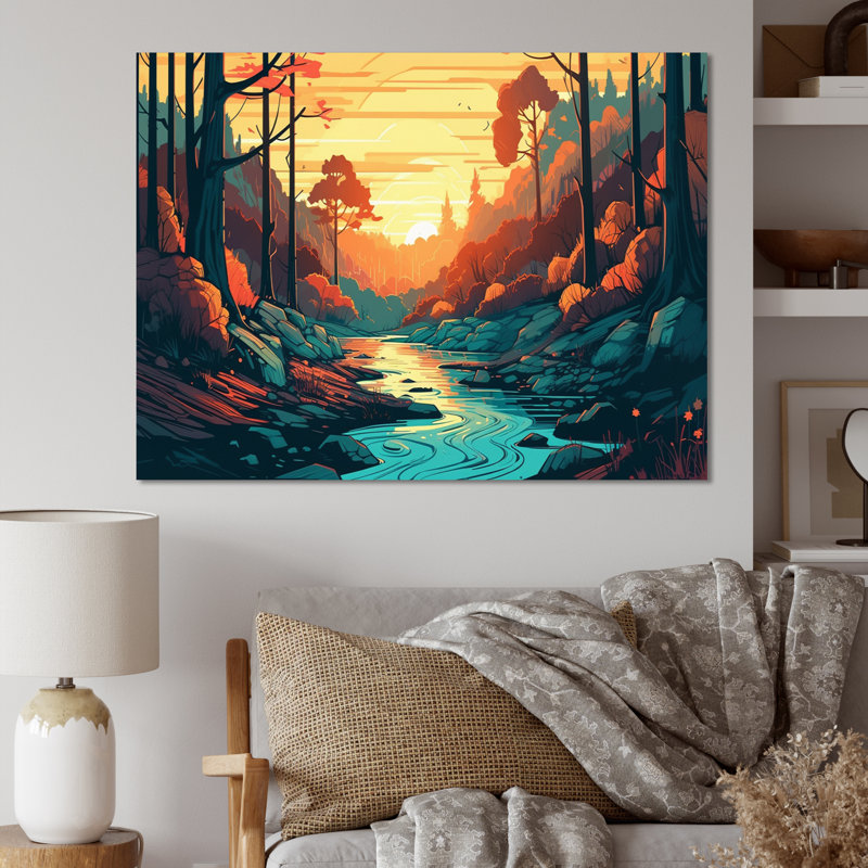 «Beautiful Stream At Sunset III - Landscape Forest», reproduction sur toile, H 24 po x l 32 po x P 1 po, Toile tendue