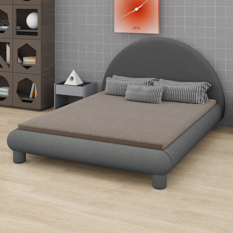 Lit plateforme tapissier contemporain, base de lit courbée courbée avec lattes, Double, Gris