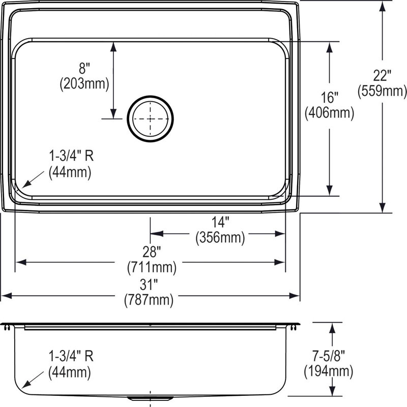 Évier de cuisine encastrable L 31 po x l 22 po Lustertone, 0 trou
