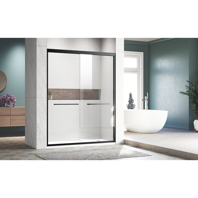 Sliding Shower Glass Door 44 - 48 In. W X 72 H, Adjustable Semi Pattern, Thick Clear Tempered Glass, 304 Stainless Steel Handles, Black Hue 48In. 72In. H Door, Manifestation, Attribute