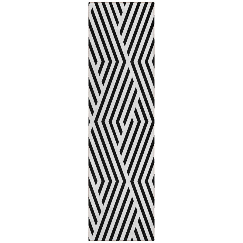 HomeRoots 8' Black And White Geometric Washable Indoor Outdoor Runner Rug