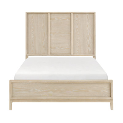 Très grand lit californien 79,5 x 91 x 60 po en bois brun clair avec tête de lit à trois panneaux avec finition en placage de chêne et pied de lit et rails inclus