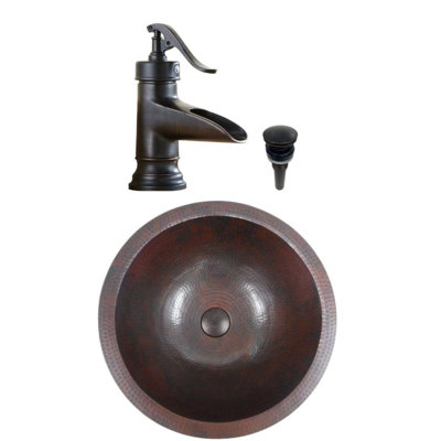 15" Round Copper Bath Sink, 7" Faucet Included