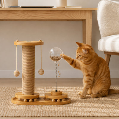 Tour à jouets pour chat en bois avec poteau à griffer en sisal, boule de jeu rotative et jouets à ressort, centre d'activités pour chats d'intérieur multifonctionnel