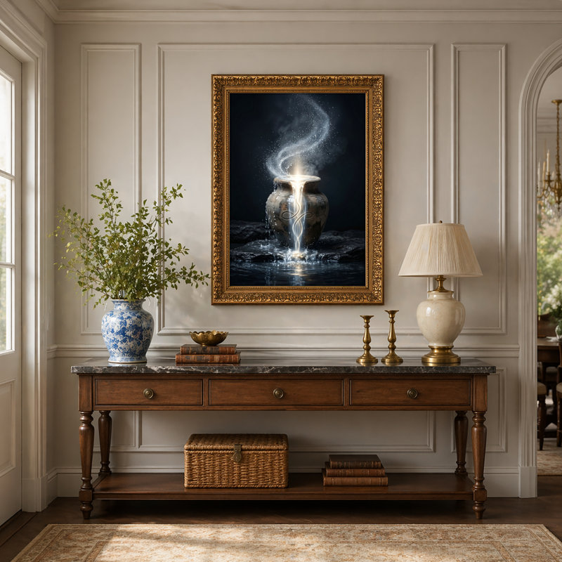 Art mural en toile noyer doré encadré pour salon, chambre à coucher, bureau ou vestibule - décoration murale décorative avec vase Mystic