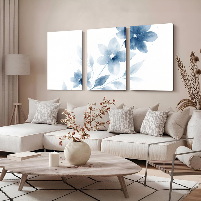 "Blue Floral", ensemble de 3 reproductions de fleurs abstraites, H 24 po x l 48 po