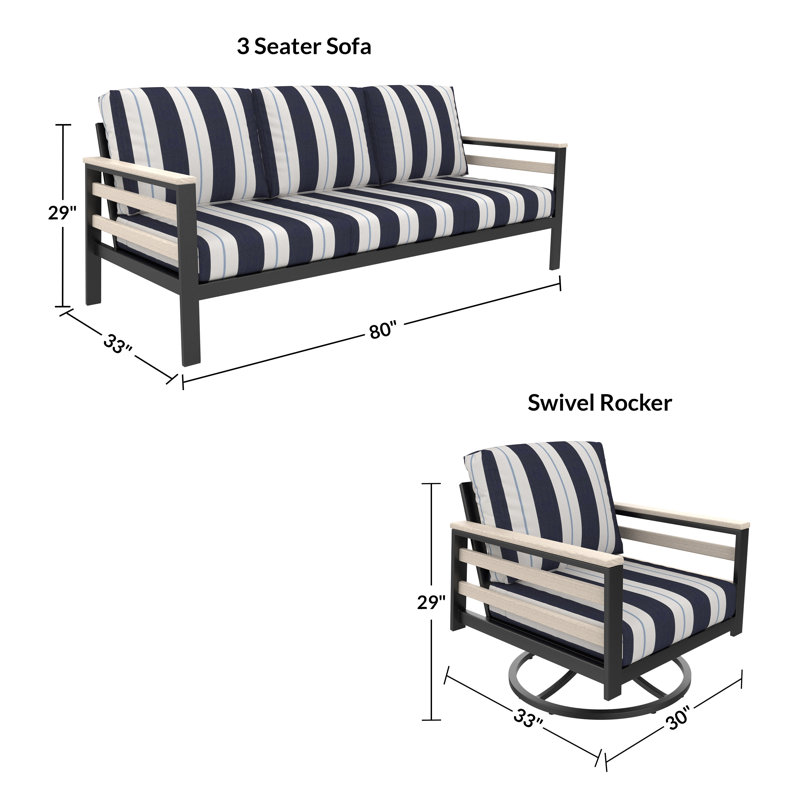 Ensembles de mobilier d'extérieur avec fauteuil pivotant et canapé avec coussins Sunbrella, White/Black