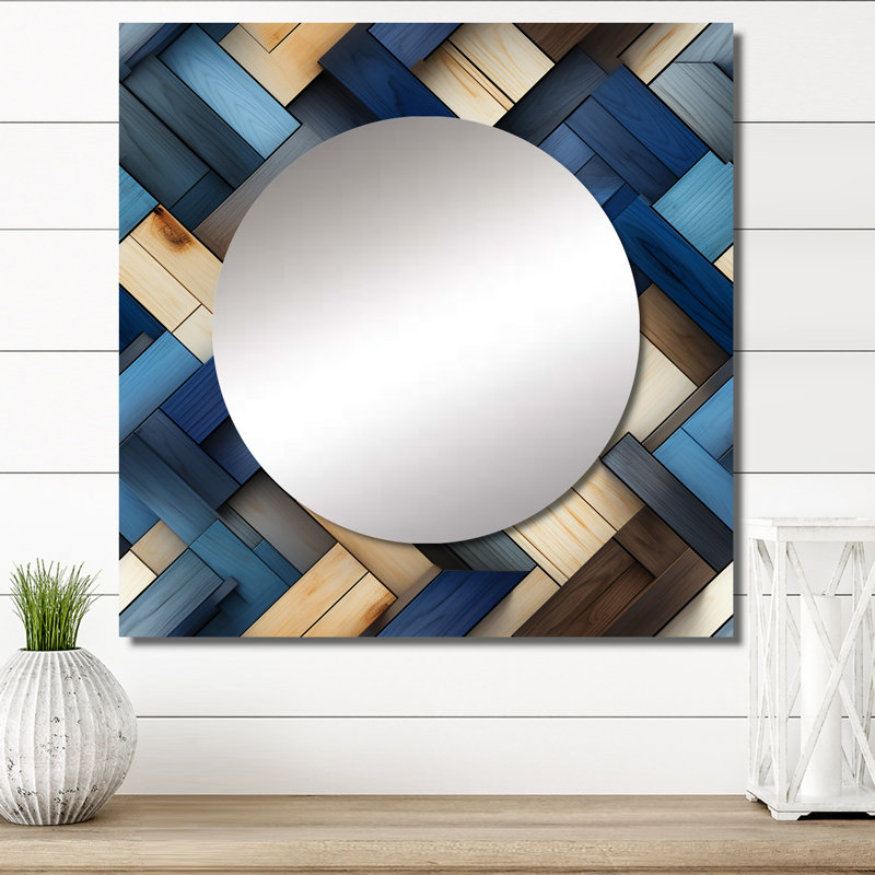 Beige et bleu à rayures symétriques - grand miroir carré moderne pour décoration murale, 23 po x 23 po