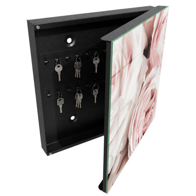 Wall mounted key box, Opens to the left, 30x30x5, White, Delicate roses in pastel shades, 