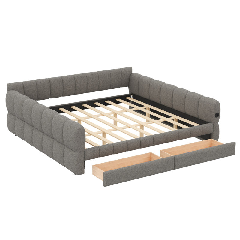 Très grand lit plateforme tapissier avec port USB et 2 tiroirs, Très grand lit, Gris