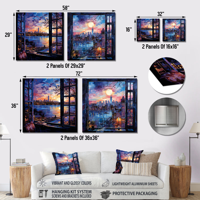 Blue Nyc At Night Window View I - New York City, ensemble de 2 impressions murales carrées, H 36 po x l 72 po