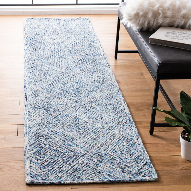 Tapis bleu en laine touffeté à la main Didonato, Tapis de couloir 2 pi 3 po x 9 pi
