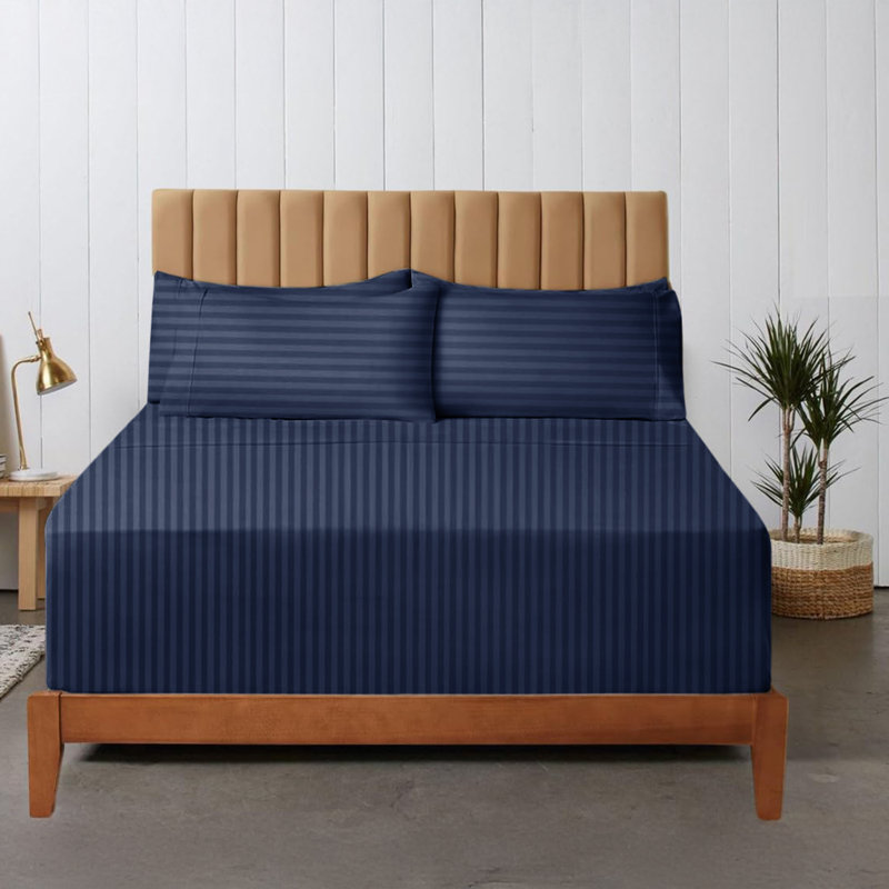 200 Thread Count Striped Microfiber Fitted Sheet, Navy, Single (3')