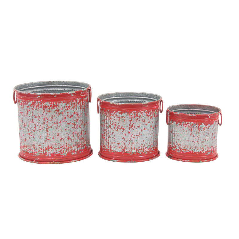 Set of 3 Distressed Red and Gray Iron Barrel Planters