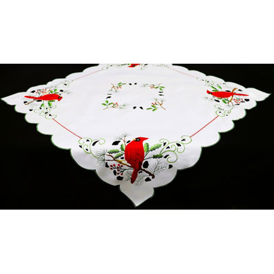 Nappe brodée (33 po carrée) - Blanc/Cardinal