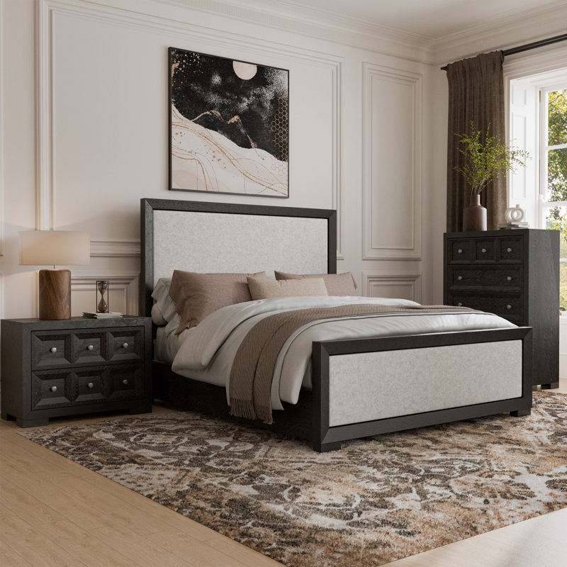Ensemble de chambre à coucher 3 pièces Schell, Noir, 3 Pcs: Bed, Nightstand, Chest, Grand lit