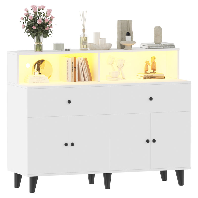 Armoire de rangement de 51 po avec prises de courant et éclairage à DEL, table basse en bois avec tiroirs et tablettes réglables, armoire de garde-manger autoportante pour le salon, la cuisine et la salle à manger