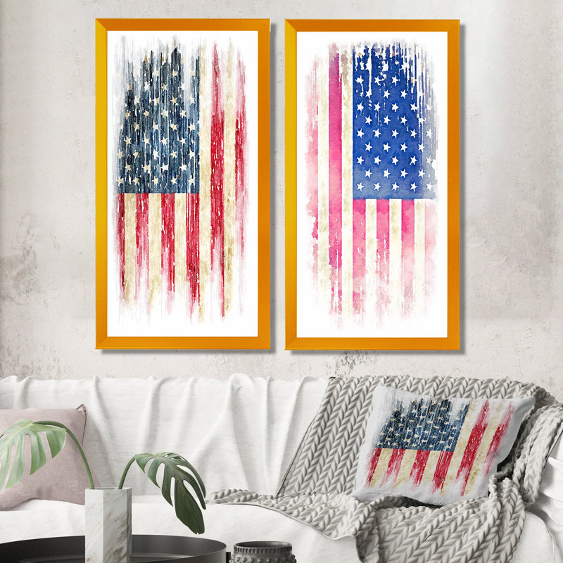 «American Flag Grunge», ensemble de 2 peintures sur toiles, H 32 po x l 32 po x P 1 po, Cadre photo doré