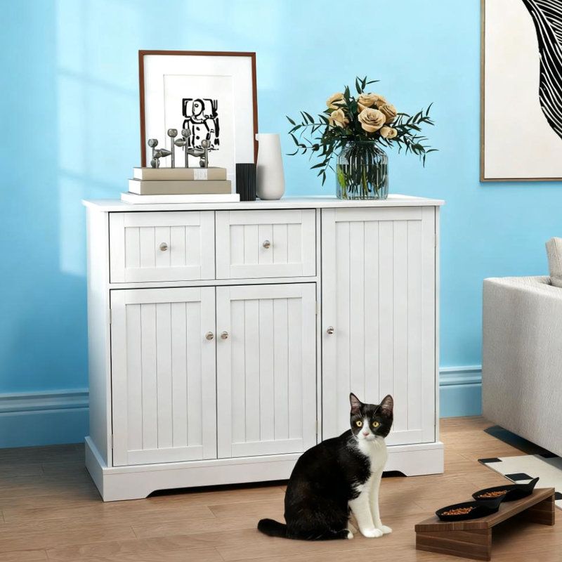 Enceinte de litière blanche haute 31,5 po, double fonction comme table d'appoint et rangement pour accessoires pour animaux de compagnie, espace privé