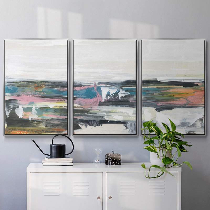 Happy Seascape II - Toile encadrée multi-pièces, H 36 po x l 75 po x P 2 po, Argent