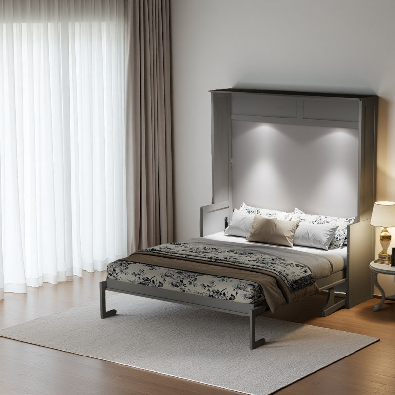 Grand lit escamotable avec bureau, lumières DEL et station de charge USB, Gris