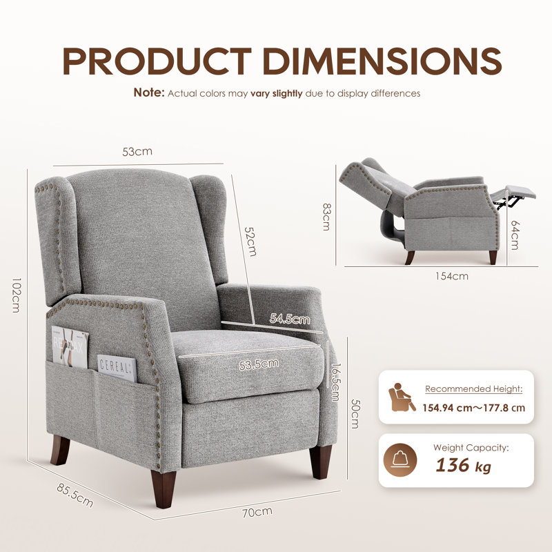 Push-Back Armchair with Storage Pockets - Nail-Head Trim & Wingback Design, Light Grey Chenille