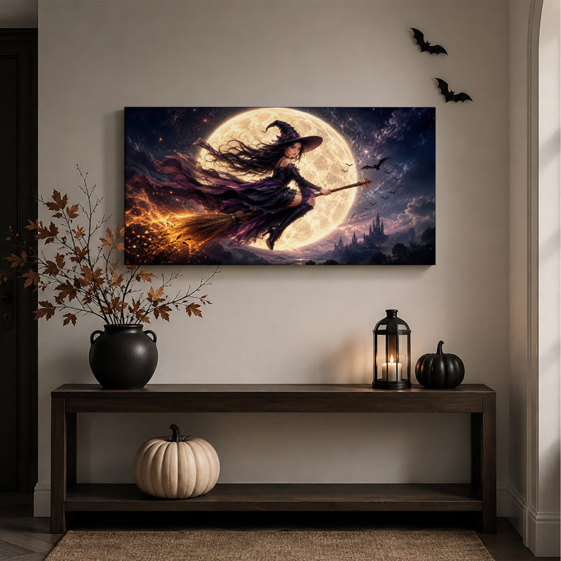 Sorcière volant sur un balai sous la pleine lune - Toile murale d'Halloween, L 46 po x H 24 po
