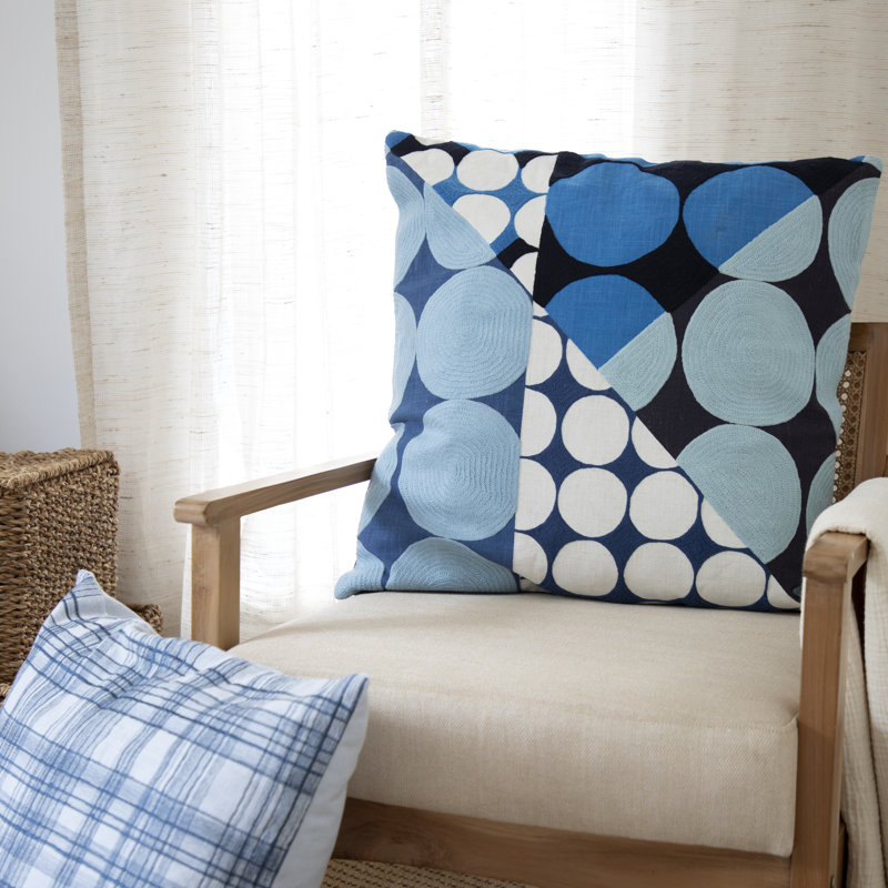 Housse de coussin en coton à motif géométrique, Bleu / Ivoire, Housse de coussin seulement - sans coussin, 24 po x 24 po