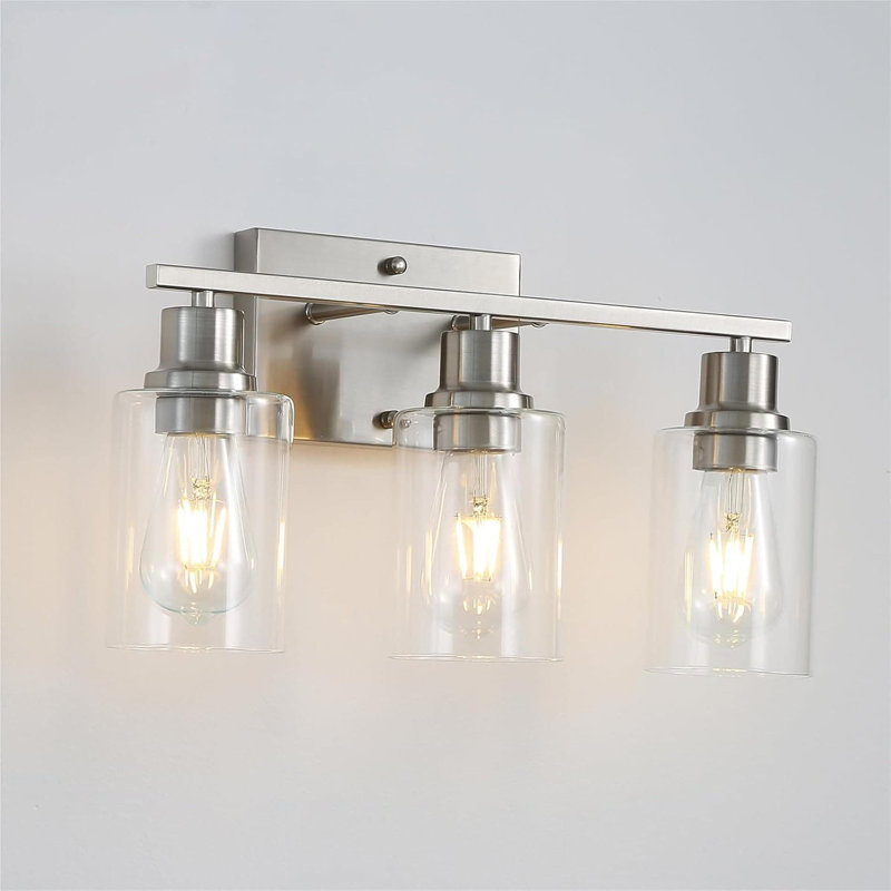 Modern Vanity Light Fixture With Clear Glass Shade, Brushed Nickel Wall Sconce For Bathroom Mirror, Farmhouse Lighting For Living Room, Hallway, 3-Light Hardwired Fixture