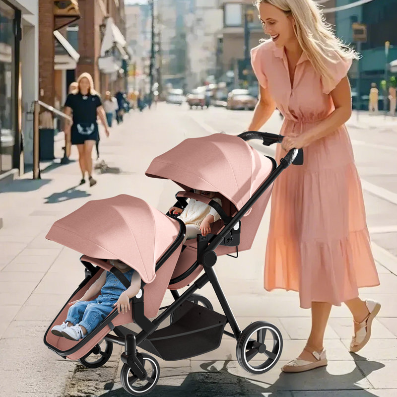 Foldable Twin Stroller With Adjustable Backrest, Pink