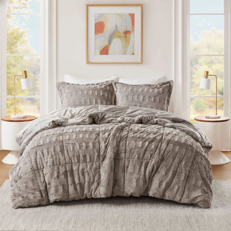Mini ensemble d'édredon en fausse fourrure unie, Gris, Édredon double / grand et 2 pièces supplémentai
