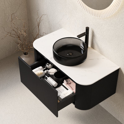 Meuble-lavabo de 36 po avec lavabo rond transparent rayé artistique, armoire de rangement murale, tiroir, comptoir noir, verre pré-assemblé, système de tiroir 3D, rangement,