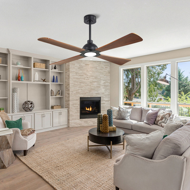 56 po Ventilateur de plafond 4 pales en bois massif avec ensemble d'éclairage et télécommande, Noir, Noyer