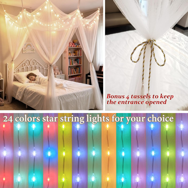 Ciel de lit blanc avec guirlande lumineuse étoilée 24 couleurs pour filles, rideaux de lit princesse à 8 coins avec guirlande lumineuse DEL à couleurs changeantes et télécommande pour chambre d'adultes et femmes