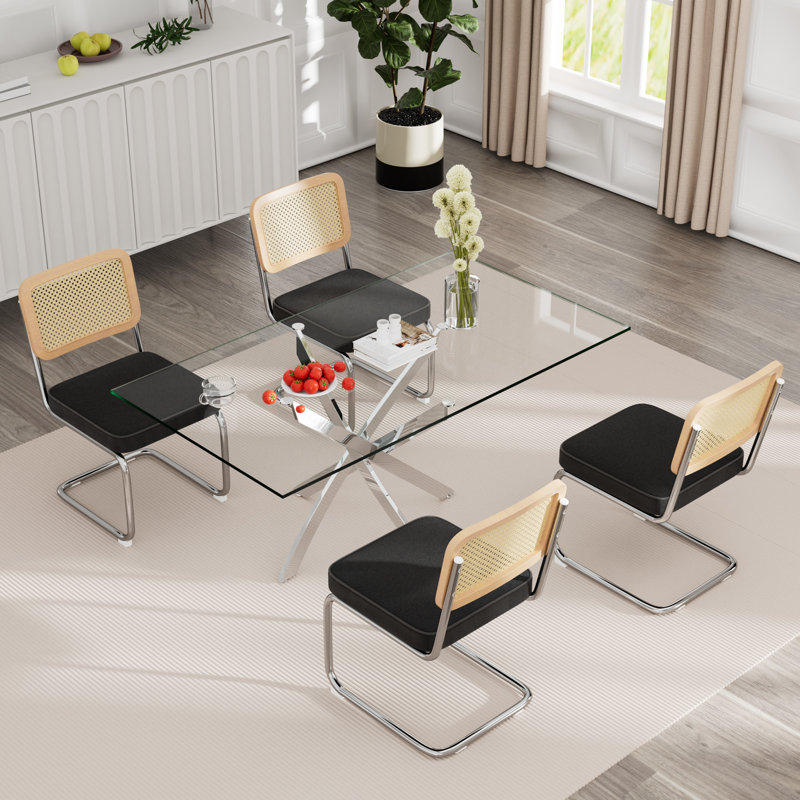 Ensemble de table rectangulaire en verre trempé, 5, Noir / Naturel / Argent