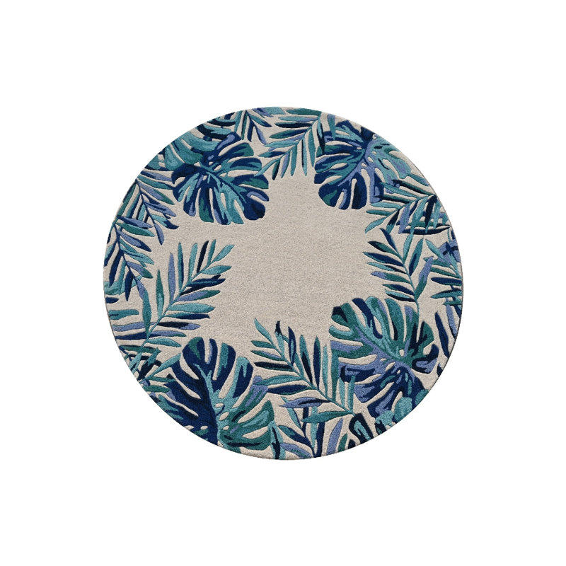 Tapis floral en laine touffeté à la main Amrjeet, Ivoire / Bleu, Rond 5 pi 6 po