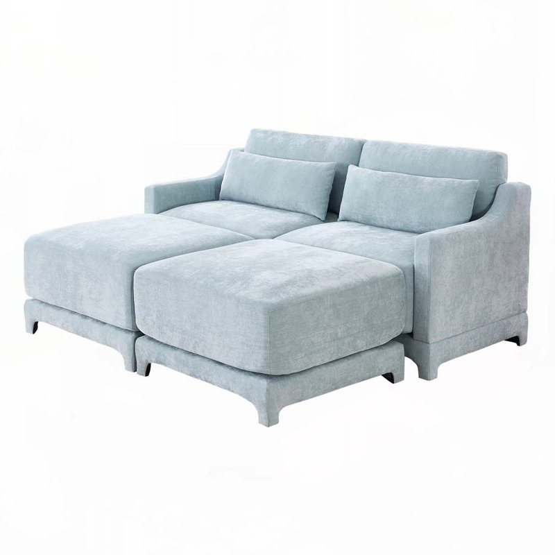 Canapé en chenille 2 places avec 2 repose-pieds, Bleu ciel